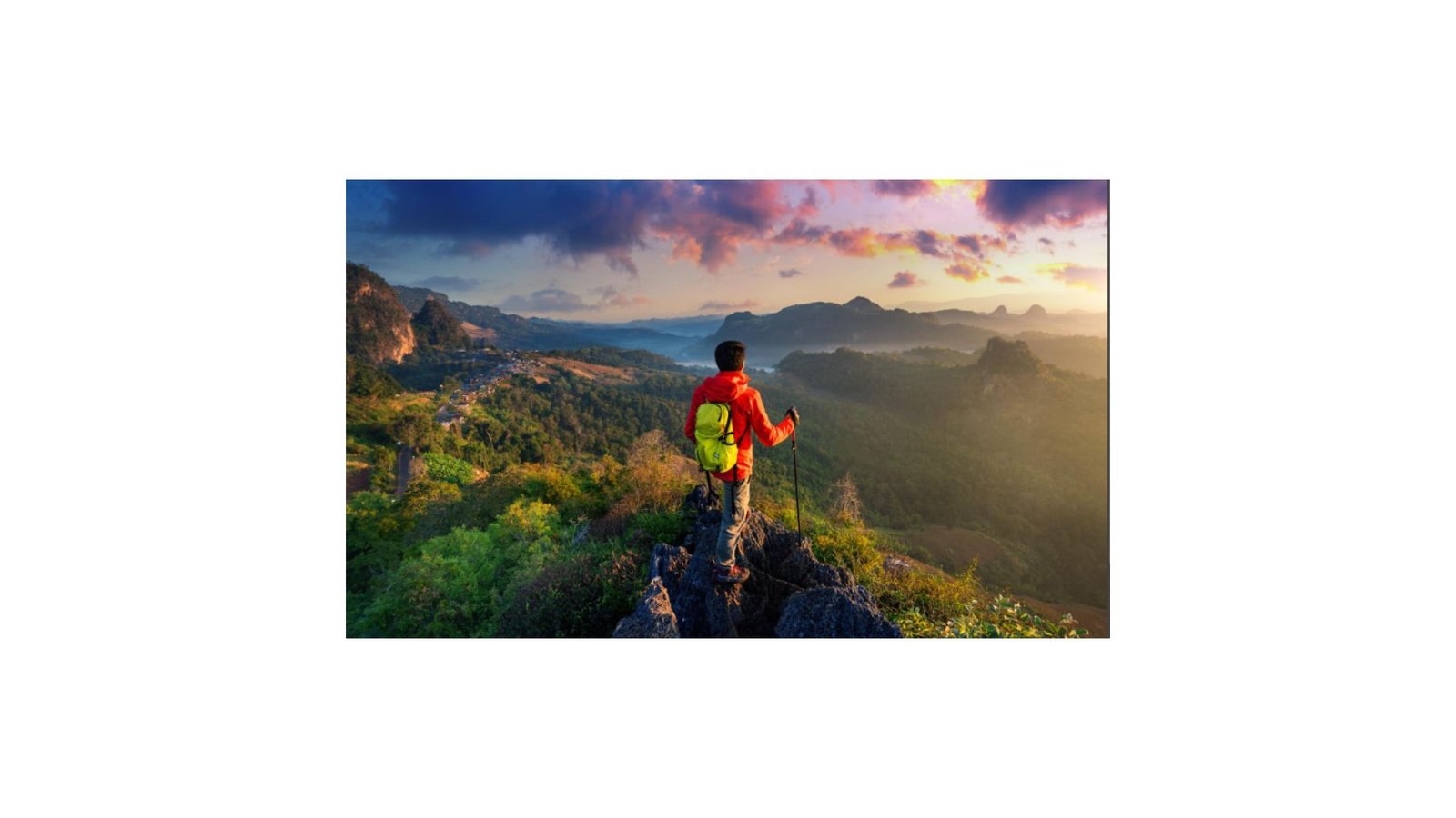 An image of a traveler standing on a cliff overlooking a vast landscape of mountains, forests, and a winding river below, evoking a sense of adventure and exploration